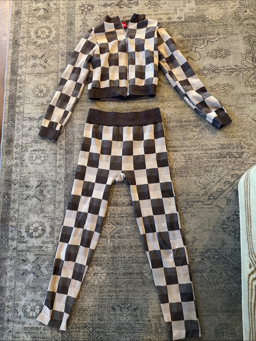 Checkerboard Knit Leggings and Zip Jacket Set - Brown/Cream
